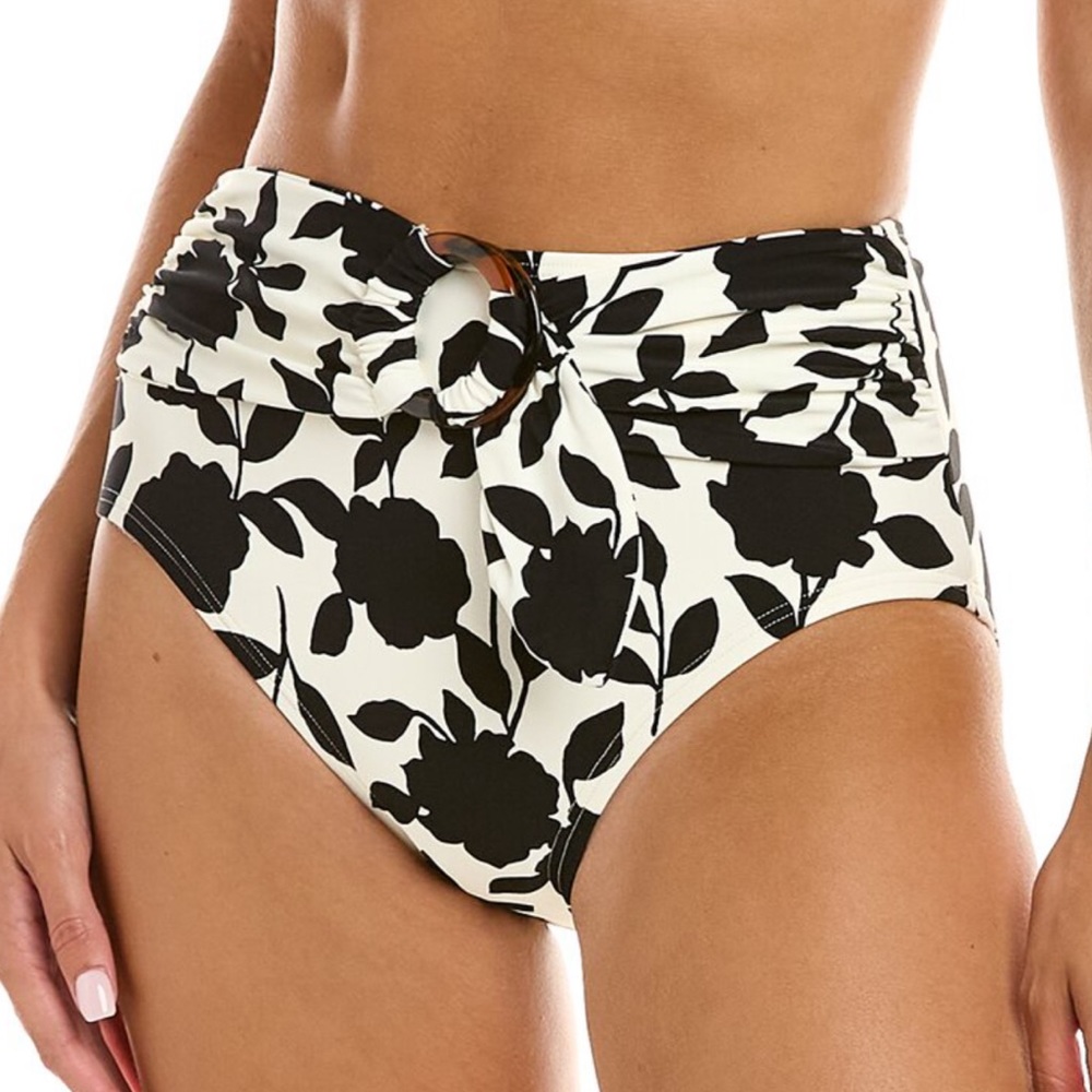 NWT ♠️ Kate Spade BLACK Floral belted High-Waist Bikini Swim Bottom | S